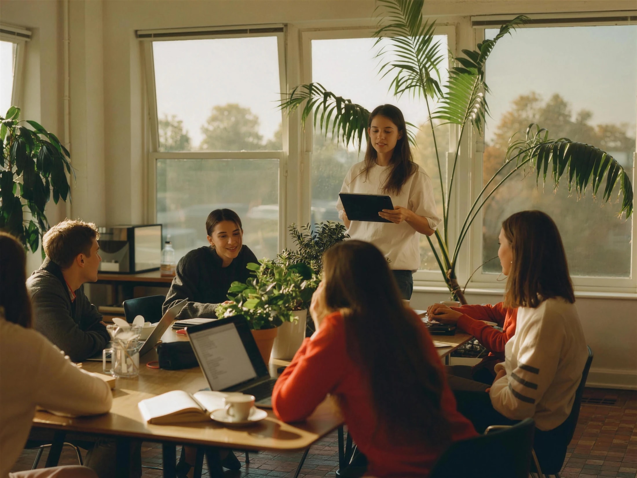 Le bureau d'une association étudiante réuni autour d'une table, ordinateurs ouverts, une membre présente un point debout.