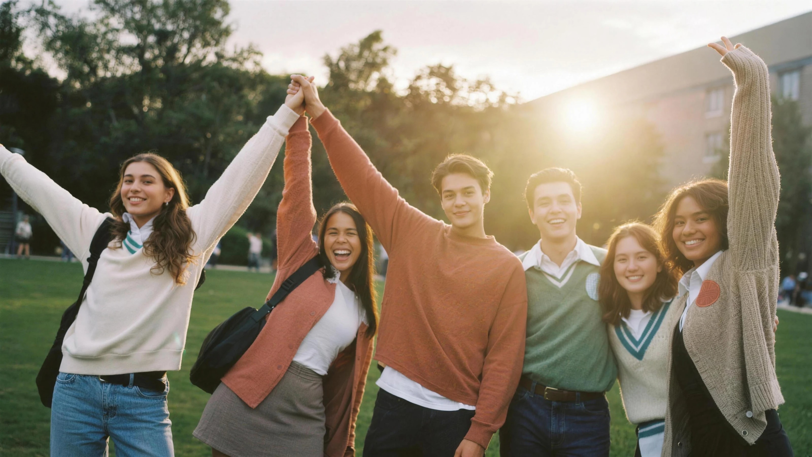 Six membres d'une association réunis sur une pelouse de campus, bras levés, au soleil couchant.