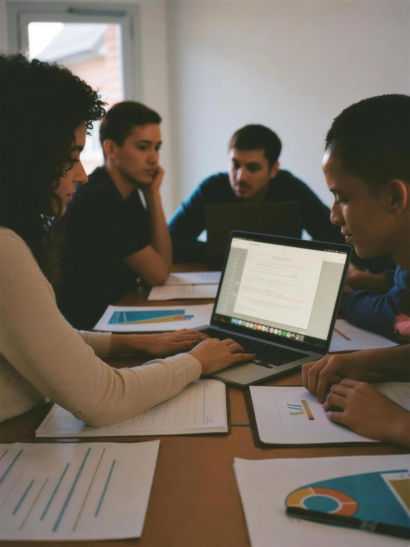 Une commission examine le budget d'un projet sur un ordinateur portable, tableaux imprimés étalés sur la table.